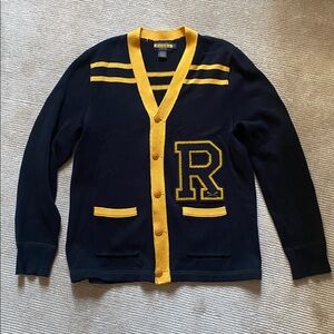 Ralph Lauren Rugby Letterman Patchwork Cotton Cardigan Navy Blue Yellow Size L